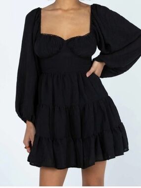 Princess Polly Black Square-Neck Tiered Mini Dress with Balloon Sleeves
